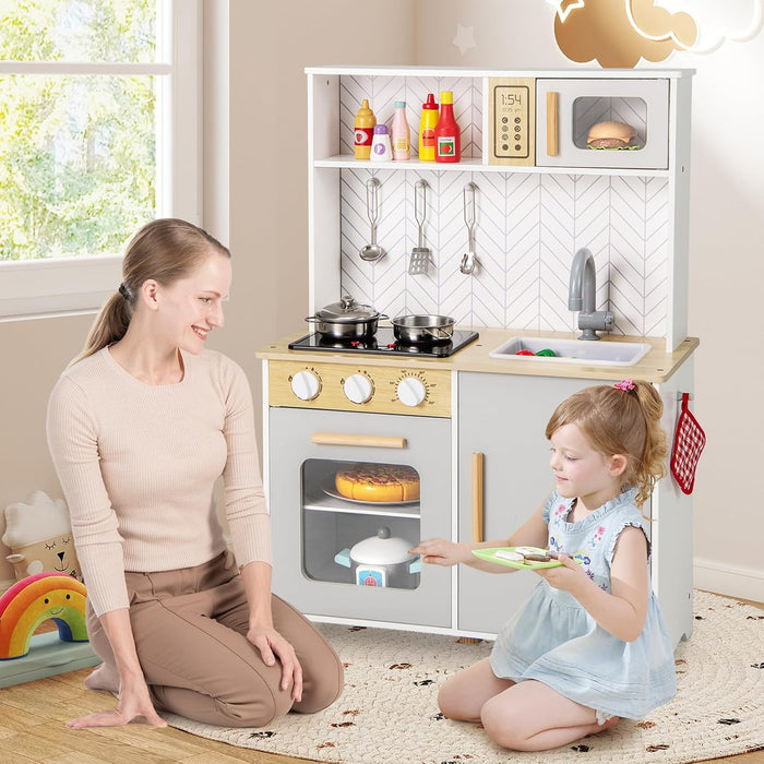 Cucina Giocattolo con Fornelli a Suoni e Luci Reali, Cucina per Bambini in Legno con Lavandelo Estrabile, Microonde e Forno, Set Cucina con Accessori, 60 x 30 x 85 cm, per Bambini 3+ Anni