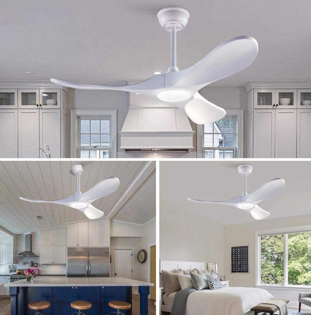 Ventilatore a soffitto 52 pollici con luce LED regolabile; 3 pale in legno massello bianco; telecomando