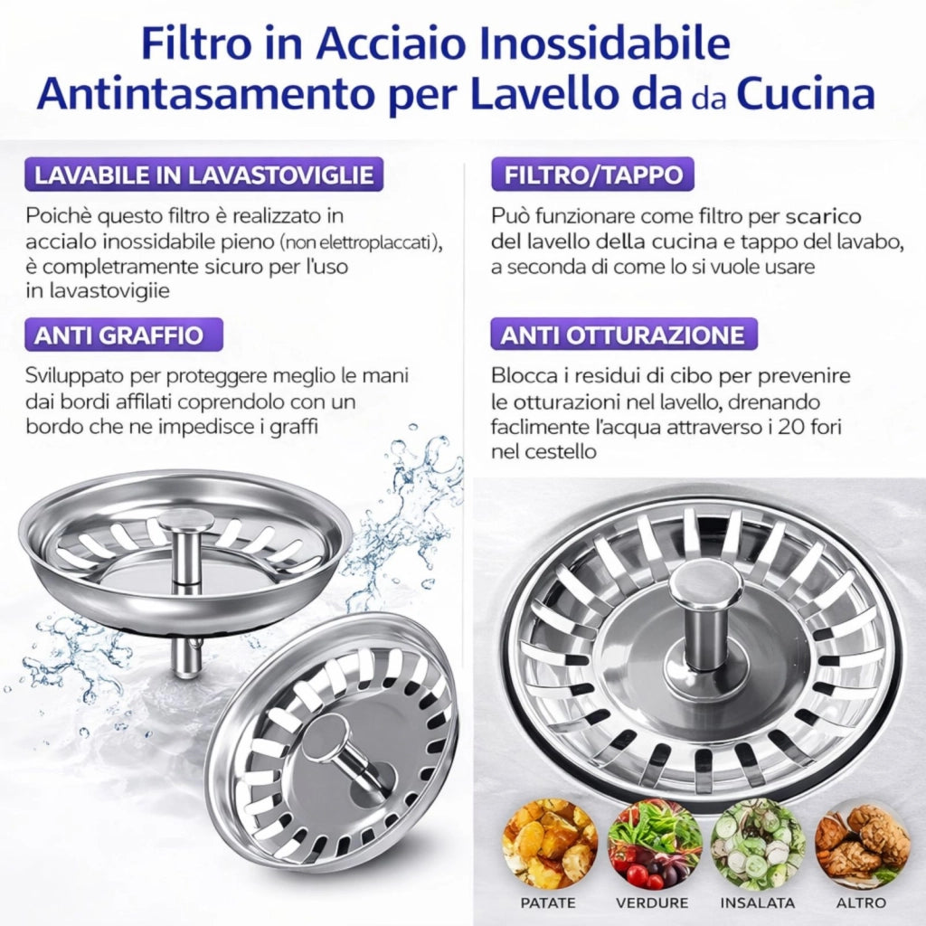 Tappo Filtro per Lavello da Cucina Ø 80 mm Colino Scarico in Metallo Resistente e Durevole 79349