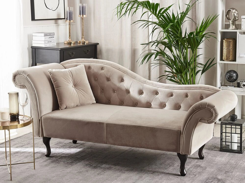 Chaise longue Beige Velluto Bottone Tappezzeria Trapuntata Braccioli Arrotolati versione sinistra con Cuscino