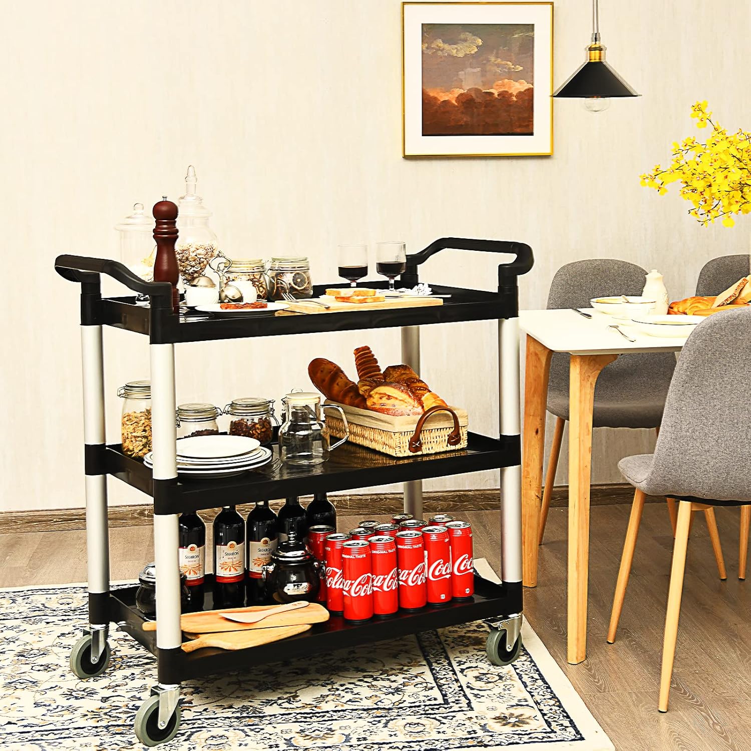 Carrello di Servizio a 3 Ripiani, Carrello Multiuso con Maniglie Ampio Spazio e Ruote Flessibili con Freni, Adatto a Ufficio Ristorante Casa Officina, 103x49x98 cm