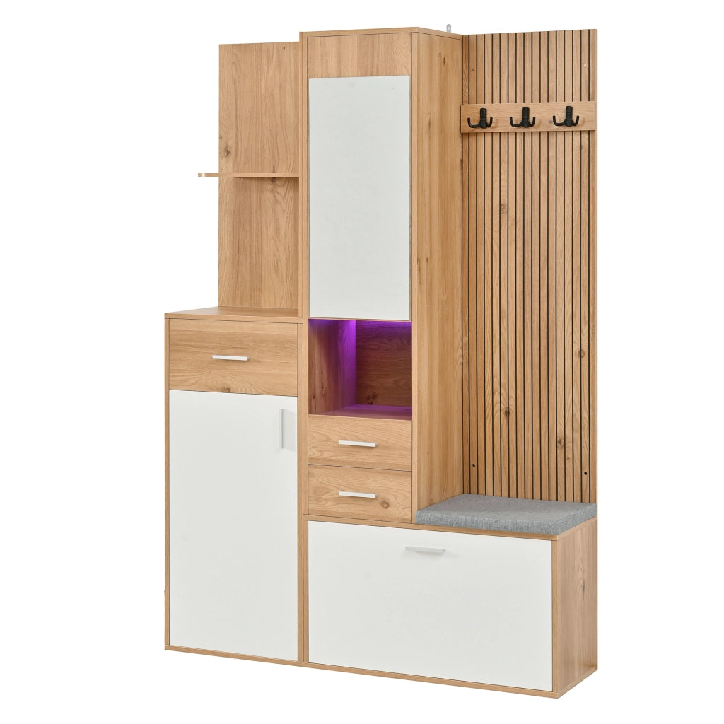 Mobile da ingresso multifunzionale con scarpiera, specchio, panca e LED in MDF e pannello truciolare bianco naturale