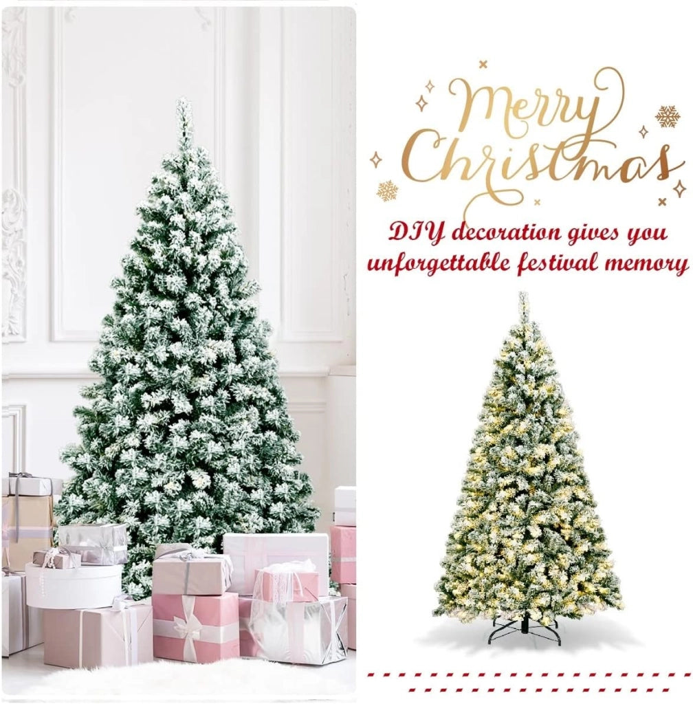 Albero di Natale Innevato 142/183/230 cm, Albero di Natale Slim, Albero di Natale con Luci Incorporate, Supporto in Ferro, Rami Spessi (183 cm)