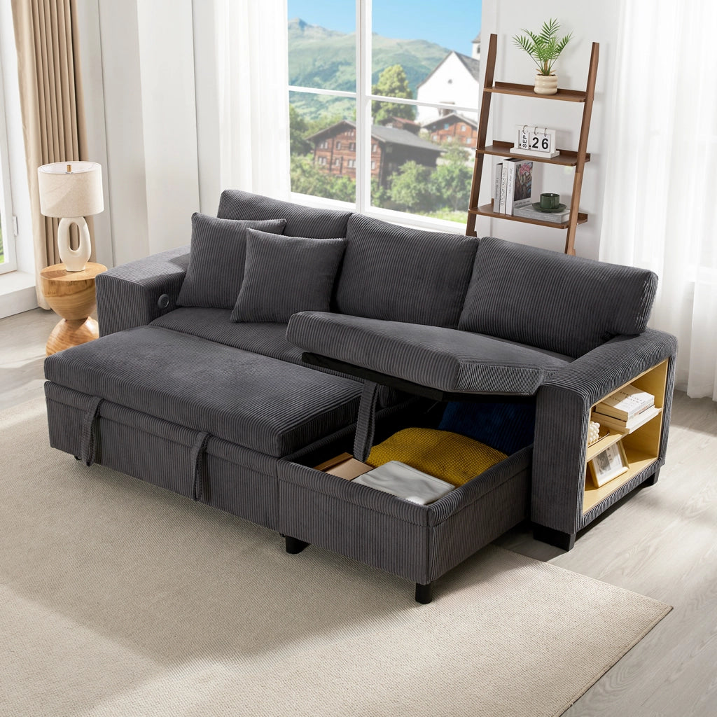 Divano letto angolare convertibile con USB e contenitore in velluto a coste grigio