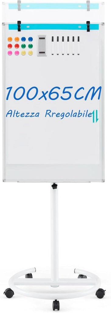 Lavagna Bianca Magnetica Mobile con Accessori, Lavagna Regolabile in Altezza e Angolo con Supporto Rotondo, 5 Ruote Bloccabili, 65 x 60 x 132-192 cm (Bianco)