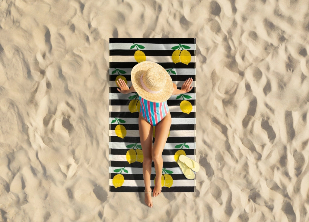 Telo Mare Jacquard Spugna Asciugamano Spiaggia Disegno Limoni