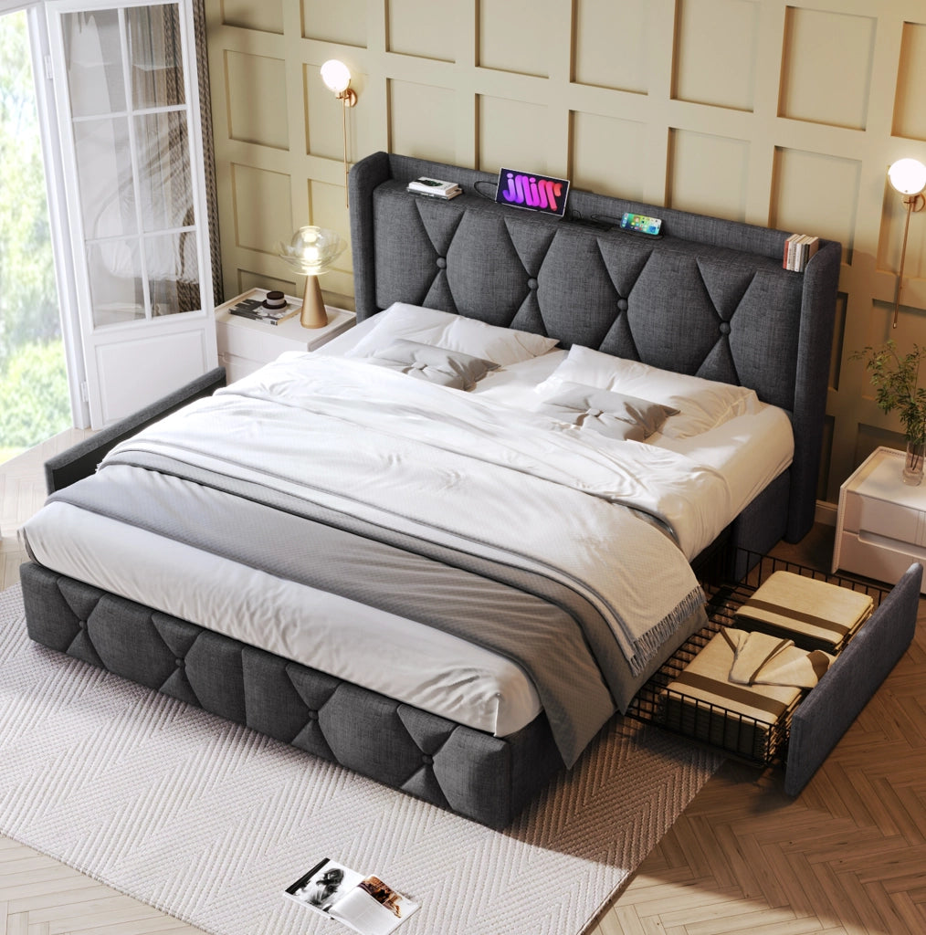 Letto 140x200 cm con 4 cassetti, 2 prese e 2 porte USB, rivestito in lino grigio