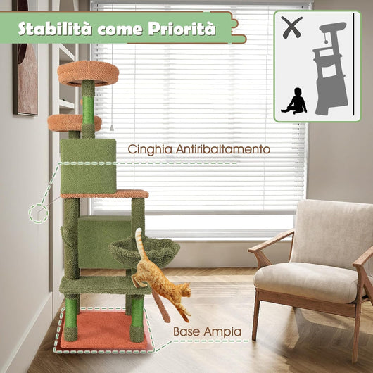 Tiragraffi per Gatti 160 cm, Torre per Gatti con Pali di Graffiatura in Sisal e Scala, Doppi Condomini & Perch in Peluche e Giocattoli Appesi, Albero per Gatti a Cactus per Gattini