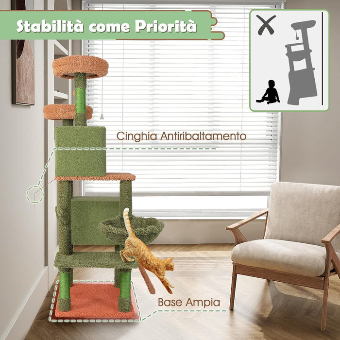 Tiragraffi per Gatti 160 cm, Torre per Gatti con Pali di Graffiatura in Sisal e Scala, Doppi Condomini & Perch in Peluche e Giocattoli Appesi, Albero per Gatti a Cactus per Gattini