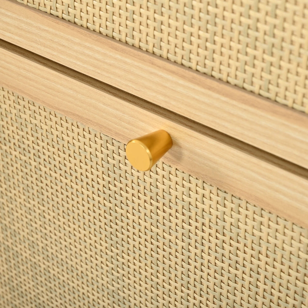 Scarpiera, mobile da ingresso, finitura in vimini, 3 sportelli ribaltabili, con cassetti, 80,5 x 25 x 125 cm, colore legno naturale