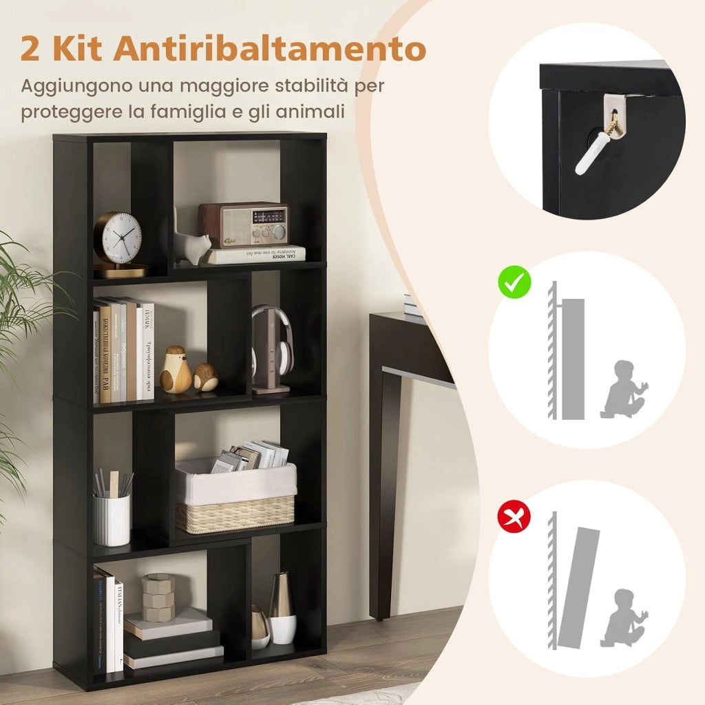 Libreria Geometrica a 4 Ripiani, Organizzatore Moderno con 8 Cubi, Mensola Espositiva a Pavimento, Mobile di Stoccaggio in Legno per Soggiorno Camera da Letto Studio, 60x20x120 cm (Nero)