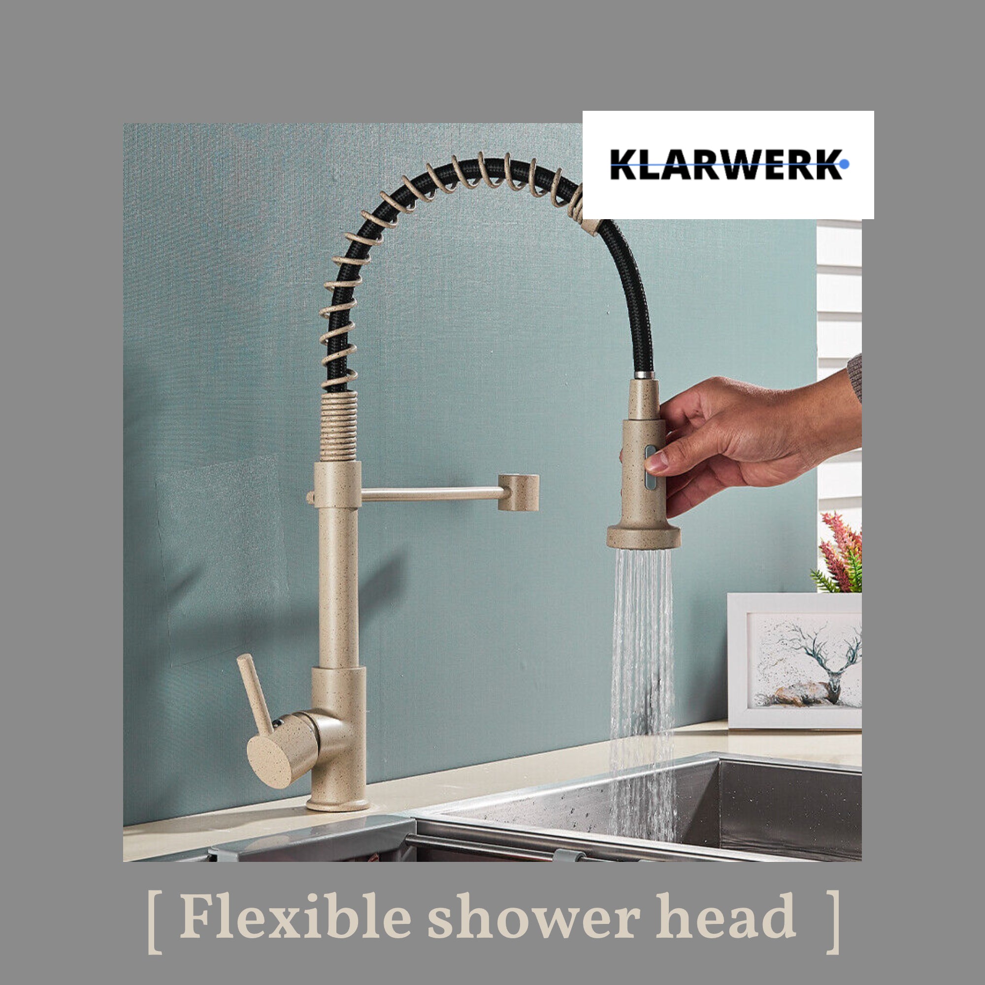 BERND | Rubinetto girevole beige da cucina in acciaio inossidabile |Miscelatore professionale girevole a 360 gradi con doccia | Alta pressione 2 porte