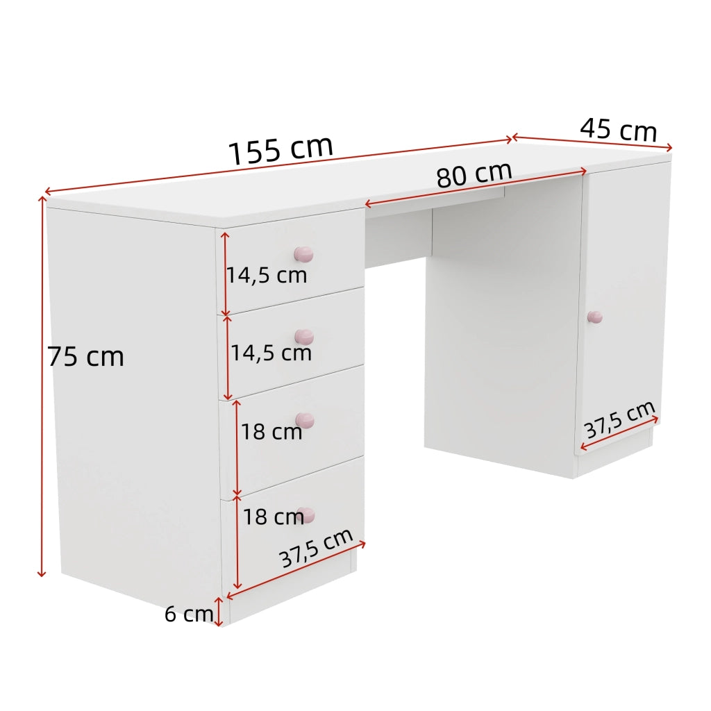 Scrivania lineare con 4 cassetti e armadietto con ripiano; piano ampio per studio e ufficio; in MDF; bianco 155×45×74 cm