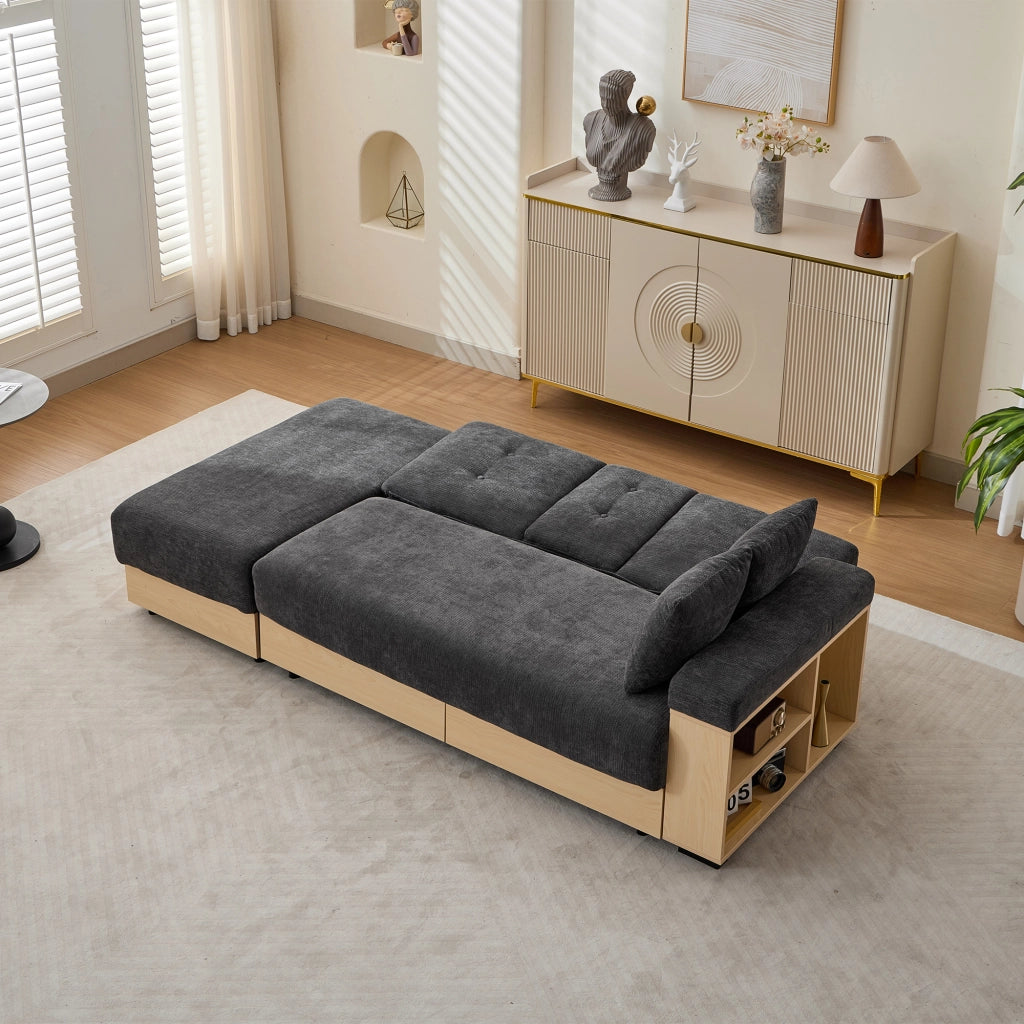 Divano letto 3 posti con contenitore; schienale reclinabile e portabicchieri in ciniglia grigia 217×110×90 cm