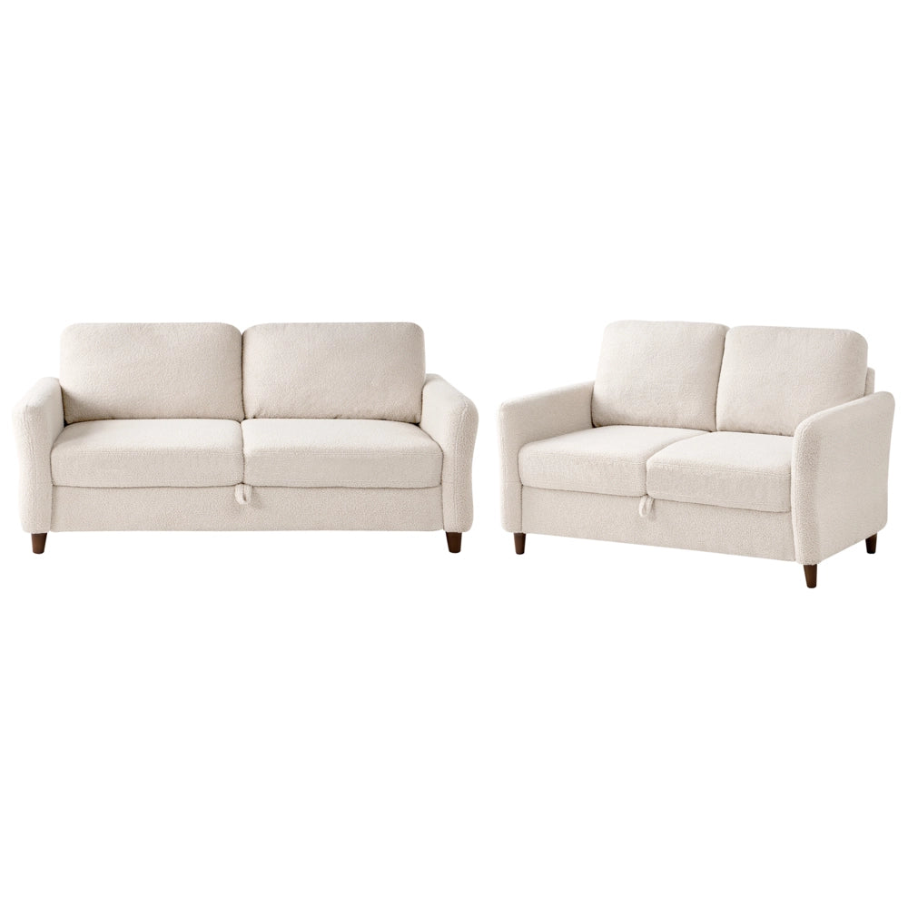 Set da salotto costituito da divani da 2 e 3 posti rivestito in tessuto con braccioli beige chiaro stile moderno