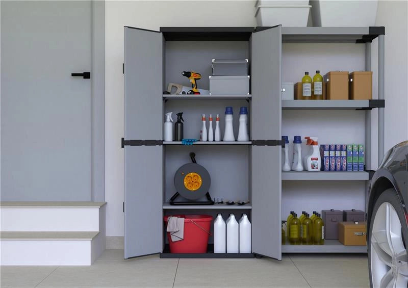 ARMADIO IN RESINA CON RIPIANI 2 ANTE DA INTERNO E ESTERNO 68X40X165 CM GRIGIO CHIARO