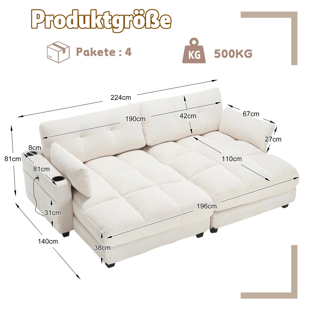 Divano modulare in velluto a coste con cuscini portabicchieri tasche laterali e porte USB separabile in due beige