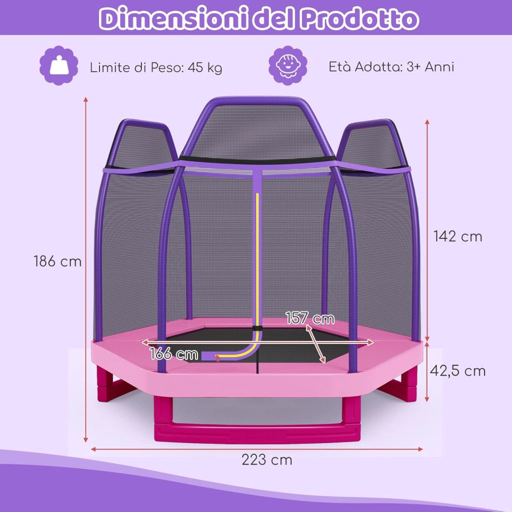 Trampolino Elastico per Bambini 223 cm, Tappeto Elastico per Bambini da Esterno ed Interno con Rete e Cuscinetto a Molle, Portata150 kg, Adatto ai Bambini 3+ Anni