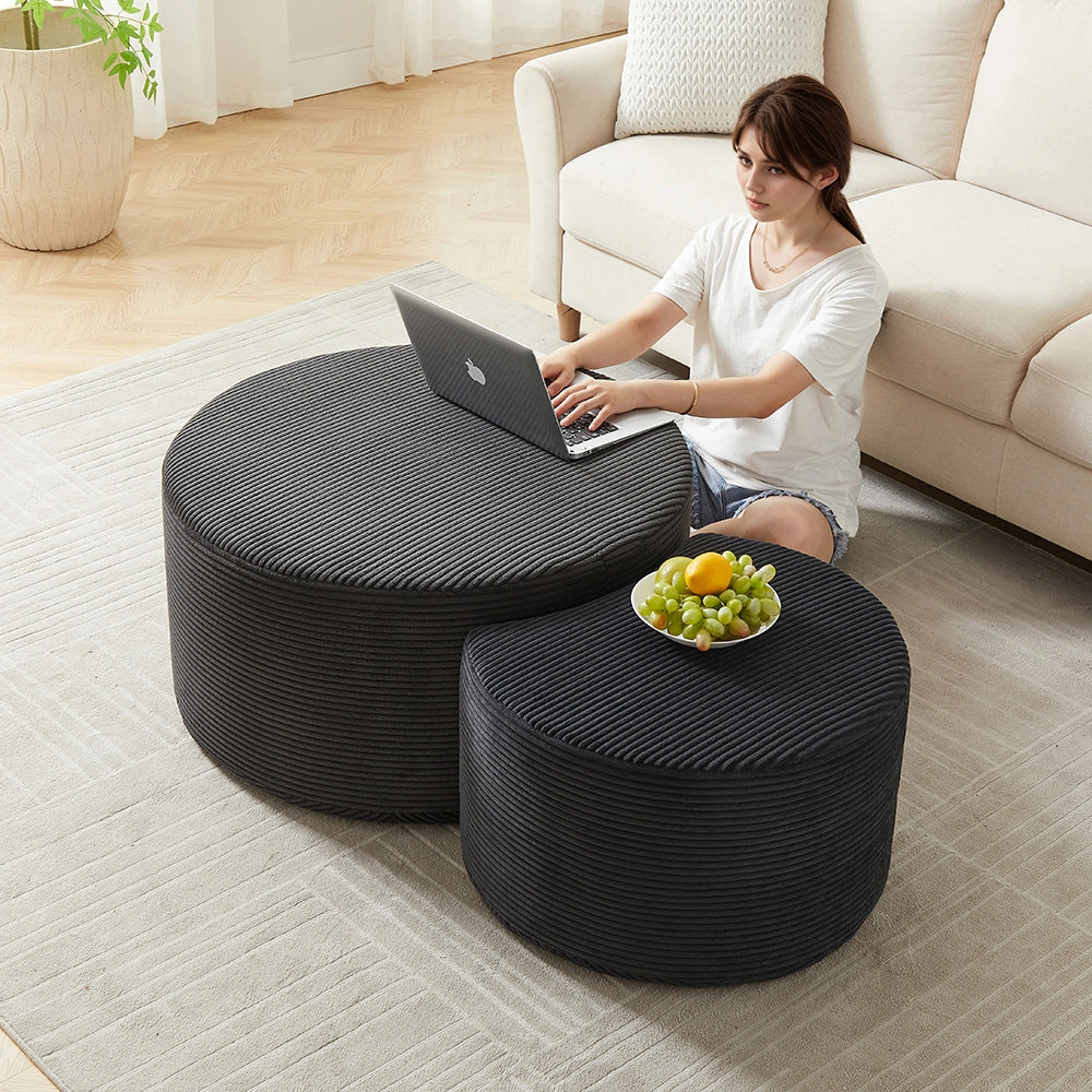 Set tavolini-Xylo-2 pezzi rotondi imbottiti pouf