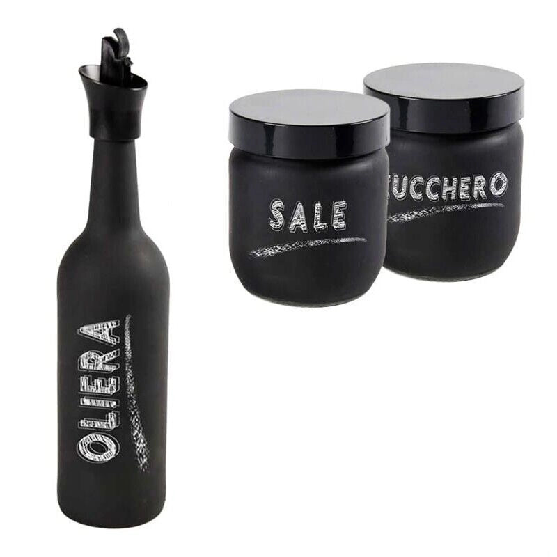 SET DA TAVOLA CON OLIERA, BARATTOLO DI SALE E ZUCCHERO IN VETRO SATINATO NERO