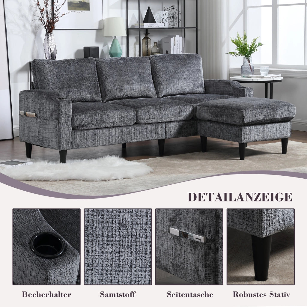 OKWISH Divano Modulare 4 Posti con Pouf Contenitore Portabicchieri e Tasche Laterali in Ciniglia Grigio