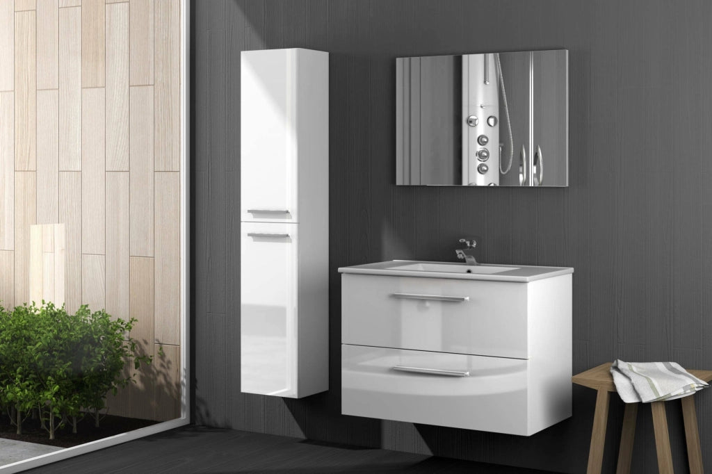 Mobile sottolavabo Albino, Mobiletto per bagno sospeso, Armadio a 2 cassetti e specchio, cm 80x45h57, Bianco lucido