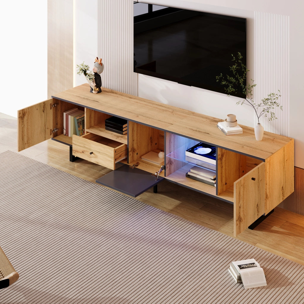 Mobile TV con 3 Ante; 1 Cassetto e 3 Vani e LED; Ripiani in Vetro; Stile Industriale; in Truciolare; Naturale; 190??40??50 cm