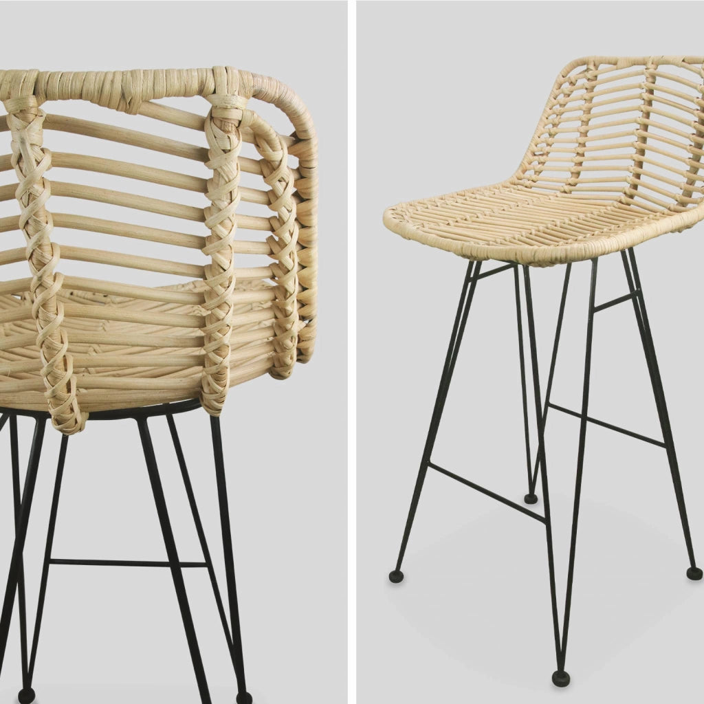 Set di 2 sgabelli da bar in metallo e rattan, 67cm, beige