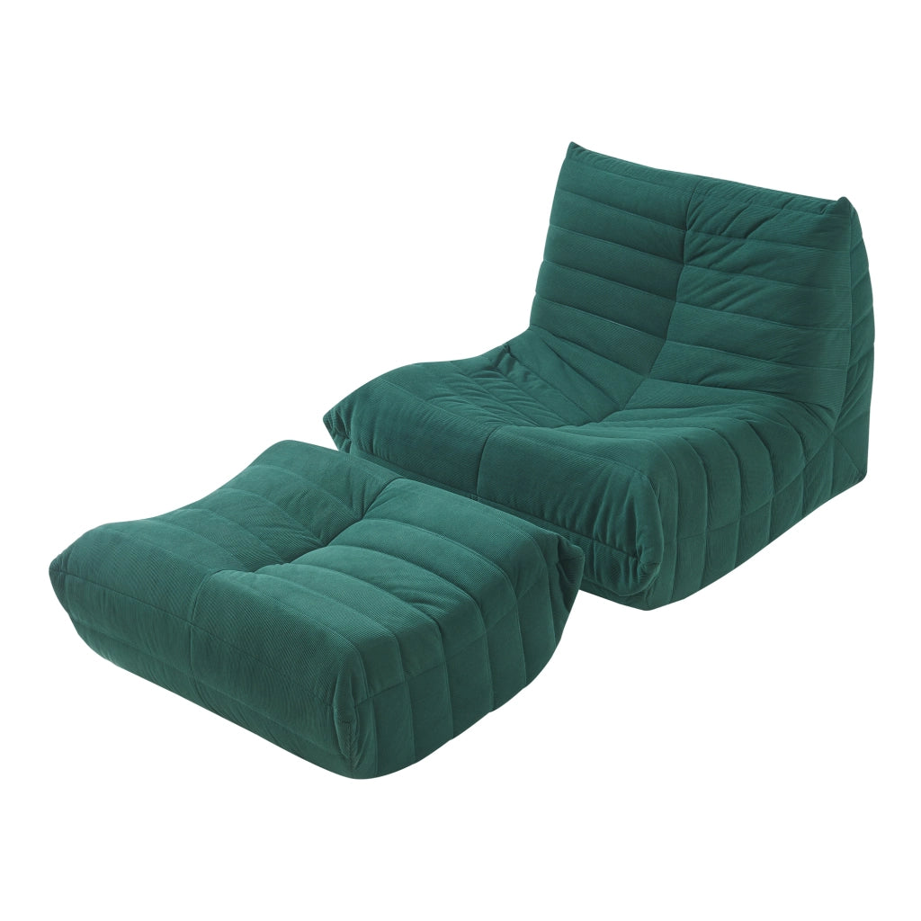 Set Kodsø di Poltrona Bassa e Pouf Poggiapiedi Imbottiti in Velluto a Coste - Verde [en.casa]