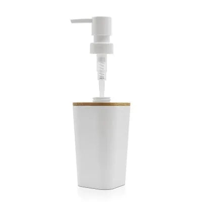 Set bagno dispenser e portaspazzolino bianco opaco con dettagli in bambù