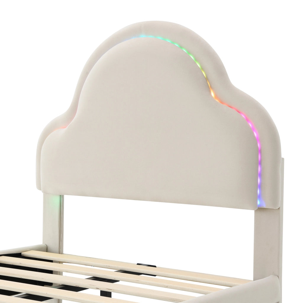 Letto singolo imbottito con testiera a forma di nuvola e strisce LED multicolore