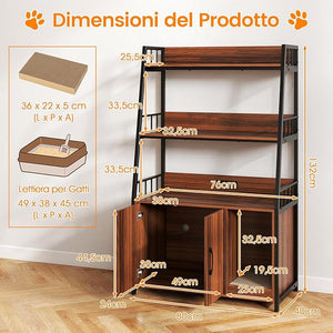 Mobile Lettiera per Gatti 80 x 40 x 132 cm, Credenza Soggiorno con Ripiani di Stoccaggio, Tiragraffi per Gatti, 2 Prese AC e Cuccia, Armadio Salvaspazio per Cuccia e Ingresso (Noce)