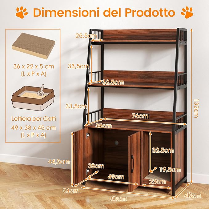 Mobile Lettiera per Gatti 80 x 40 x 132 cm, Credenza Soggiorno con Ripiani di Stoccaggio, Tiragraffi per Gatti, 2 Prese AC e Cuccia, Armadio Salvaspazio per Cuccia e Ingresso (Noce)