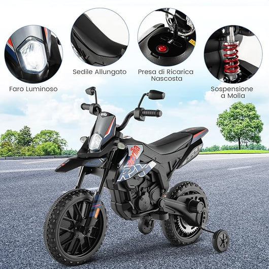 12V Aprilia Moto Cavalcabile per Bambini, Motocicletta Elettrica con Ruote Ausiliarie e Musica Wireless, Sospensione a Molla, Moto Elettrica alla Moda per Bambini 3-8 Anni (Blu)