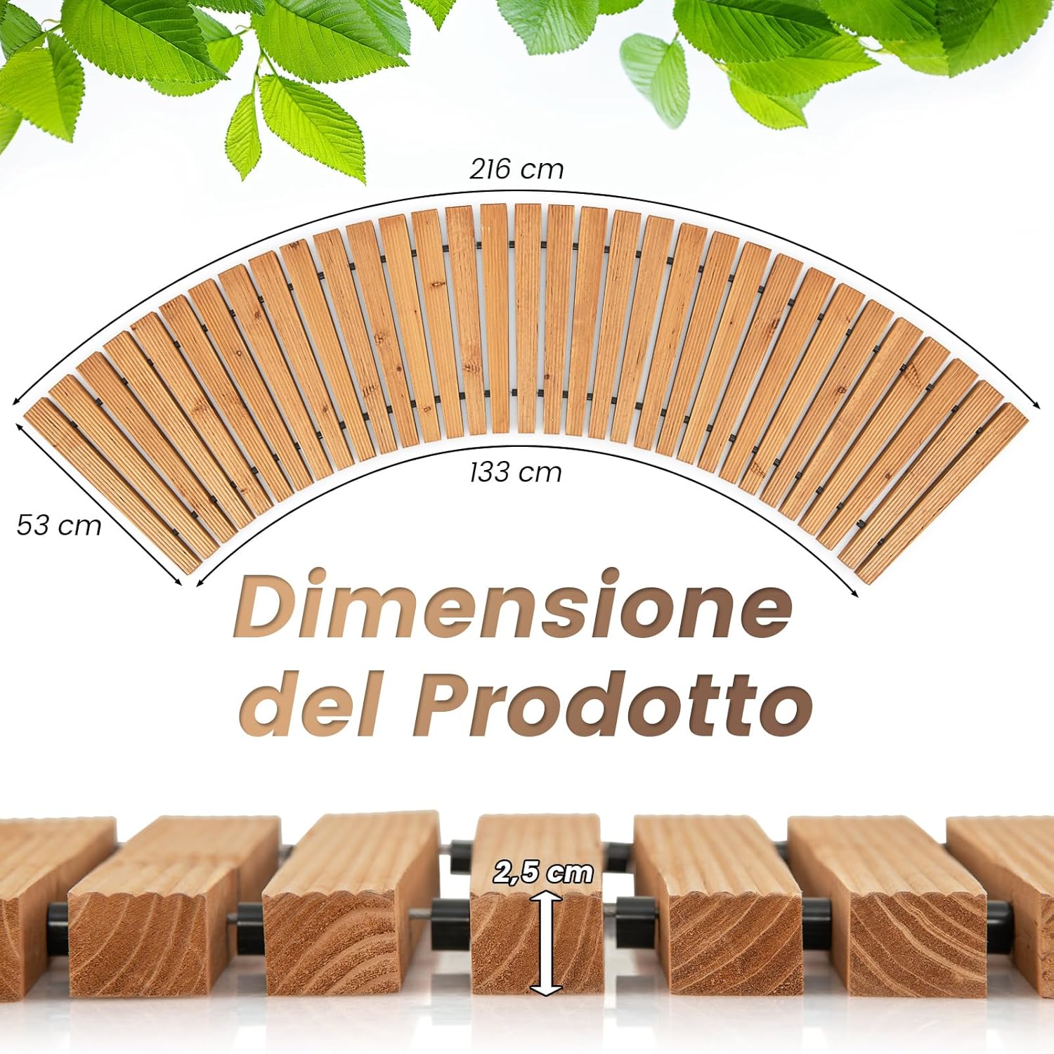 Sentiero da Giardino in Legno, Passerella Curvo da Esterno con Superficie Antiscivolo e Fili Metallici, Design Arrotolabile, per Patio Cortile e Spiaggia, Naturale (216 x 53 cm)