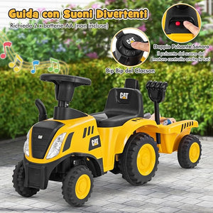 Trattore Cavalcabile per Bambini, Trattore Scorrevole con Rimorchio Staccabile Pala e Rastrello, 6 Ruote Suono e Luci, Ideale per Bambini 1,5-3 Anni