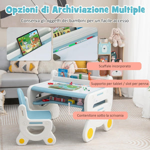 Set Tavolo e sedia per Bambini, Tavolo per Bambini con Sedia, Tavolo da Disegno Cancellabile e Ripiano, per Disegnare, Leggere, Giocare, Ideale per Bambini 3-8 Anni (Blu)