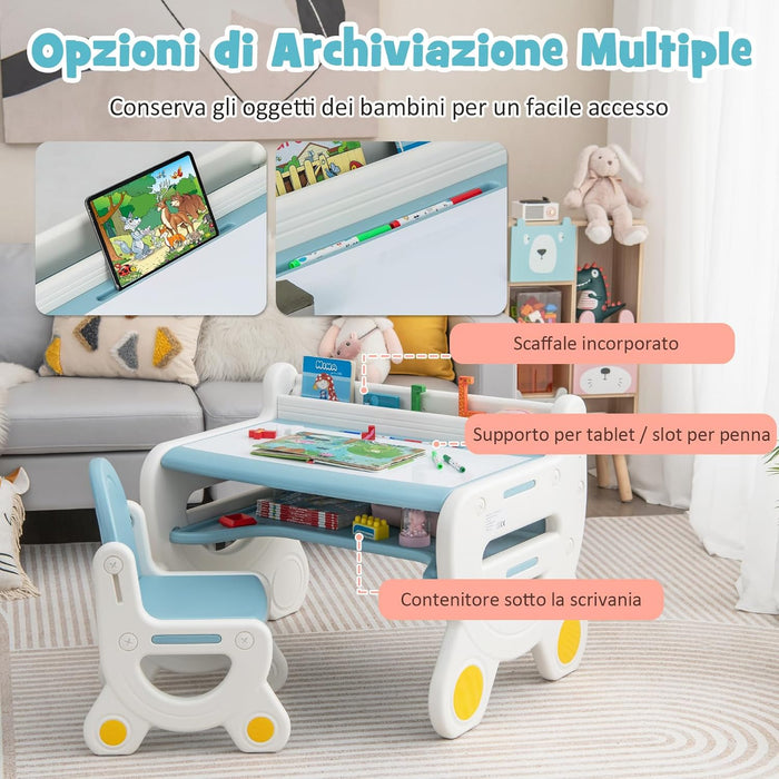 Set Tavolo e sedia per Bambini, Tavolo per Bambini con Sedia, Tavolo da Disegno Cancellabile e Ripiano, per Disegnare, Leggere, Giocare, Ideale per Bambini 3-8 Anni (Blu)