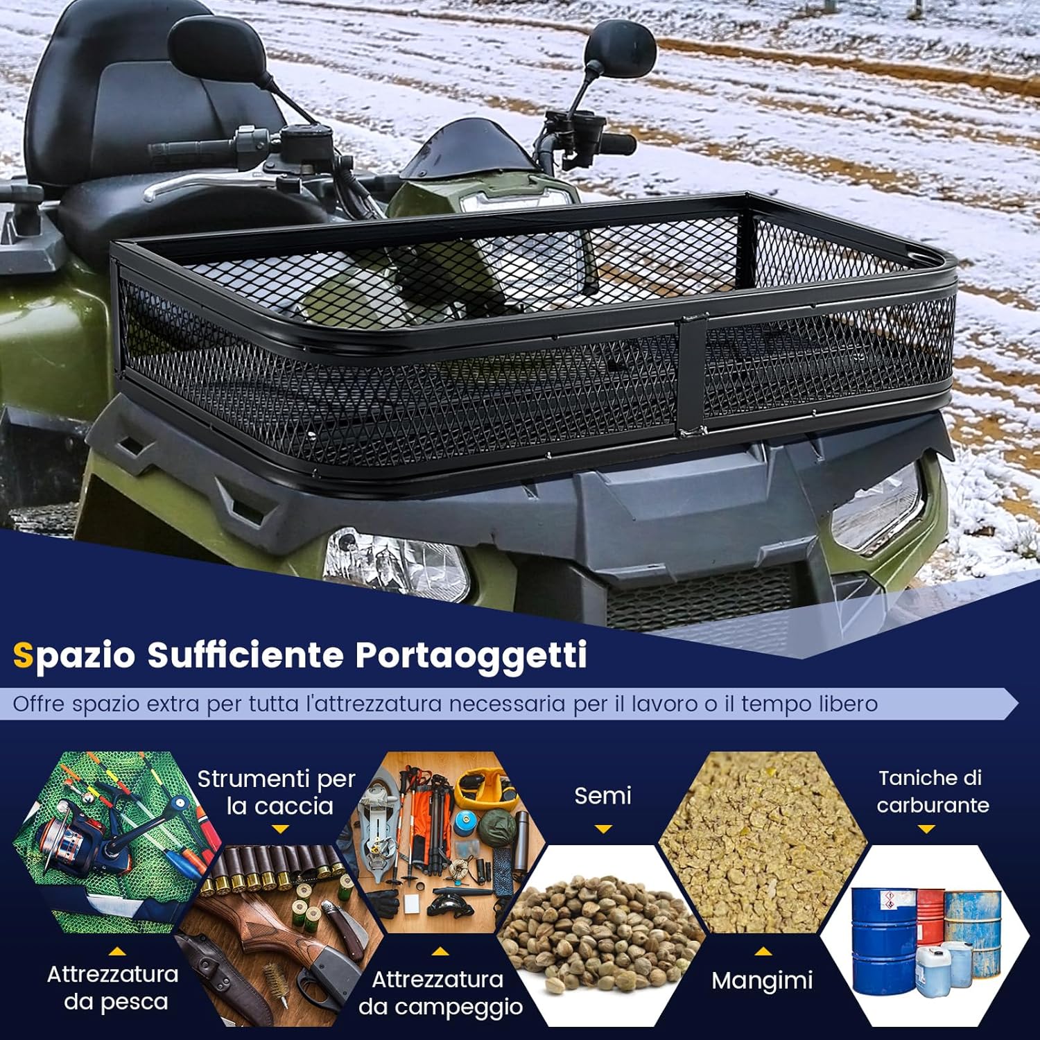 Cestino Portaoggetti Anteriore per ATV, Cestino Portapacchi Anteriore Resistente con Telaio in Metallo a Maglie, Cestino Portaoggetti per Accessori per ATV/UTV, 92 x 44 x 16,5 cm