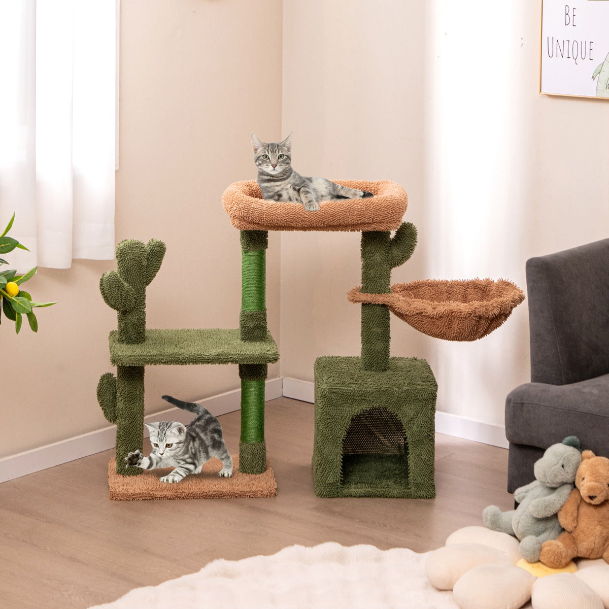 81cm albero per gatti moderno con ripiano condo amaca cuscino lavabile, Torre per gatti estetica a forma di cactus Verde-Alberi Tiragraffi