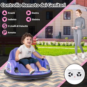 12V Autoscontro Elettrico per Bambini, Macchina Elettrica Cavalcabile con Telecomando, Luci Musica e Imbottitura Anti-collisione, Auto a Scontro per Bambini 18 Mesi + (Viola)
