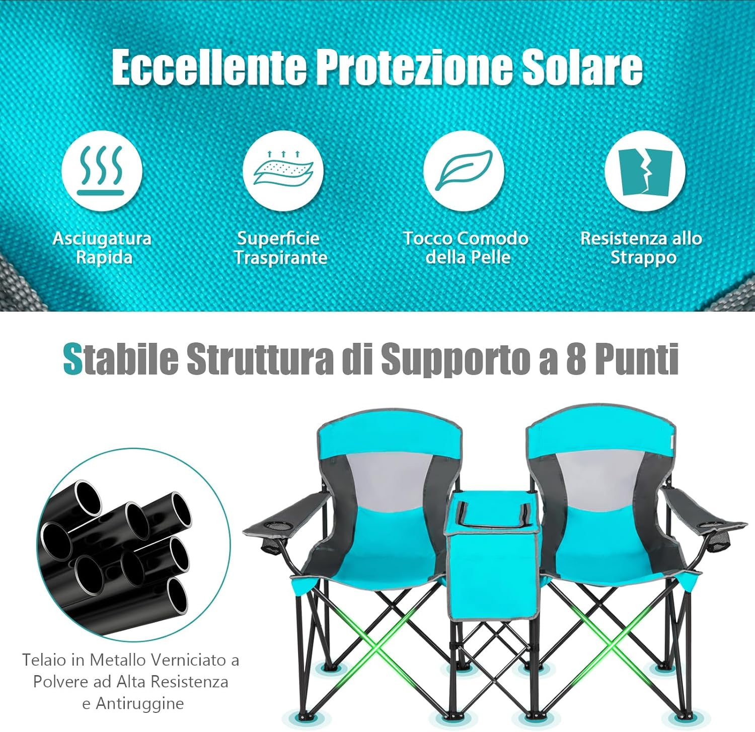 Sedie da Campeggio Pieghevoli, Panchina da Picnic a 2 Posti Regolabile con Tettoia, Sedia Portatile e Pieghevole per Campeggio, Spiaggia, Giardino (Blu Marino)