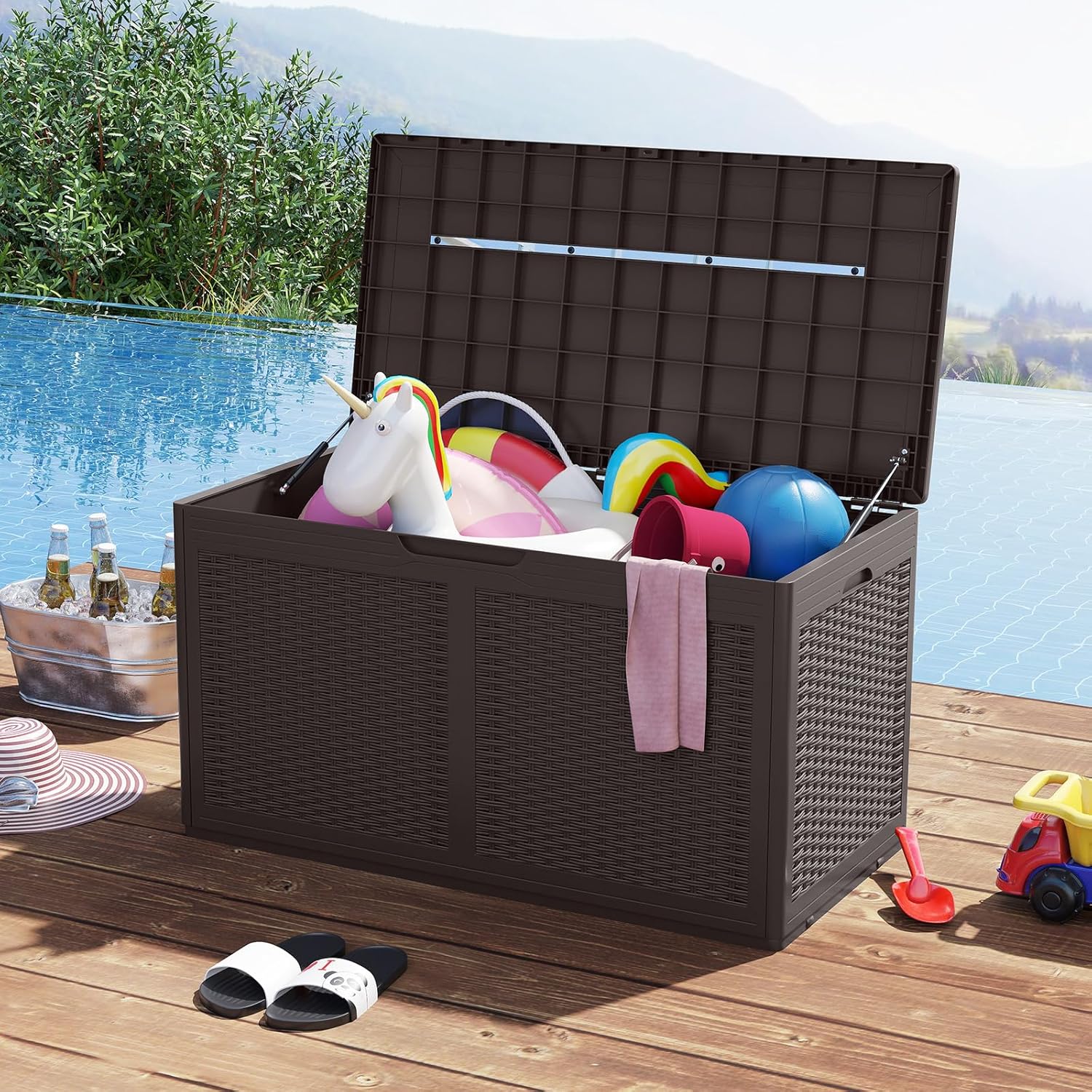 Baule da Esterno 380 L Impermeabile, Cassapanca Contenitore in Rattan con Coperchio Bloccabile e Ruote, Baule Salvaspazio per Mantenere Cuscini e Attrezzi da Interno e Esterno (Marrone)