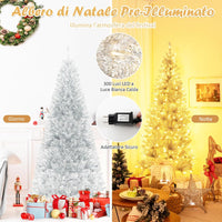 Albero di Natale 180 cm, Albero di Natale Artificiale Argento con 790 Rametti, 300 Luci a LED Bianco Caldo, Supporto Pieghevole in Metallo, Decorazione Natalizia per Ufficio e Casa