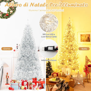 Albero di Natale 180 cm, Albero di Natale Artificiale Argento con 790 Rametti, 300 Luci a LED Bianco Caldo, Supporto Pieghevole in Metallo, Decorazione Natalizia per Ufficio e Casa