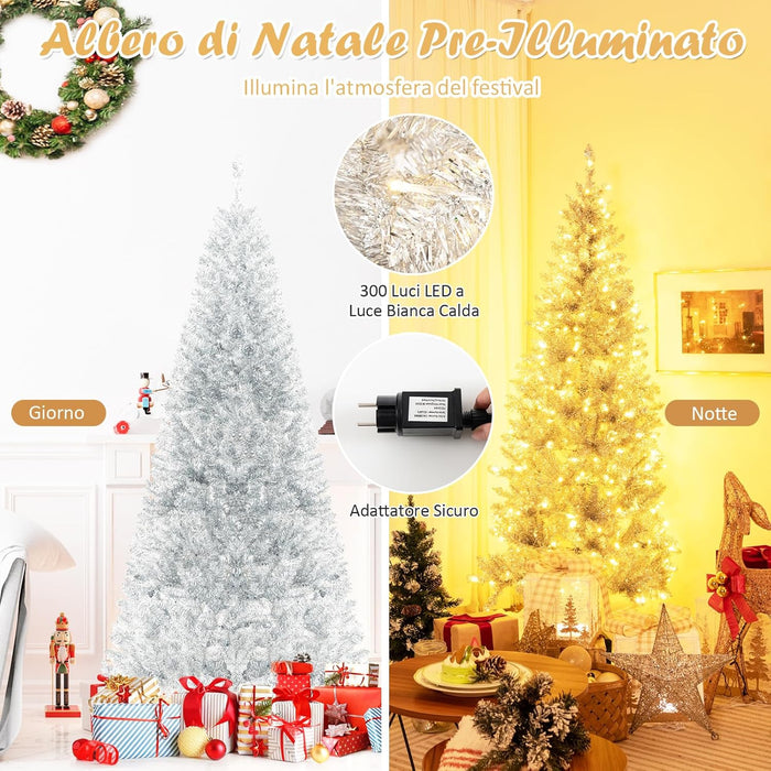 Albero di Natale 180 cm, Albero di Natale Artificiale Argento con 790 Rametti, 300 Luci a LED Bianco Caldo, Supporto Pieghevole in Metallo, Decorazione Natalizia per Ufficio e Casa