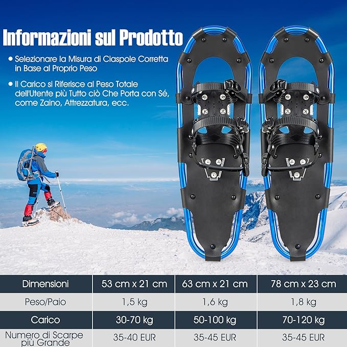 Set 4 in 1 Ciaspole da Neve 53/63/78 cm per Uomini, Donne e Ragazzi con Sistema di Fissaggio, Telaio in Alluminio, Bastoncini da Trekking, Ghette Gambe Impermeabile e Borsa
