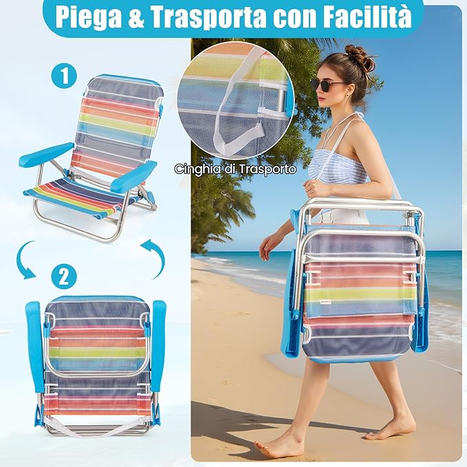Set di 2 Sedie da Spiaggia, Sedia da Picnic Pieghevole con Braccioli, Schienale Regolabile a 5 Posizioni, Poltrona da in Alluminio Portatile per Pesca, Campeggio (64 cm x 63 cm x 74 cm)