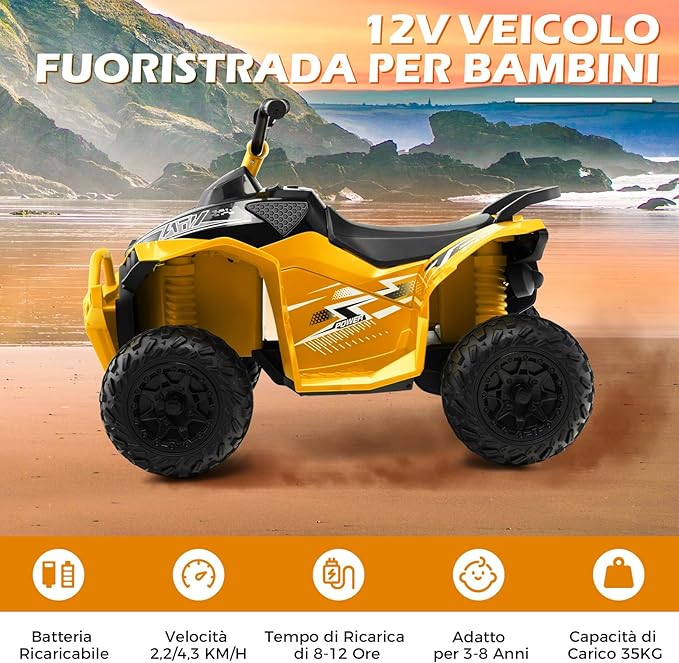 12V Quad Elettrico per Bambini, Macchina Elettrica con Velocità Alta/Bassa, Sedile Comodo Fari Corno e Musica, Auto Elettrica Cavalcabile 2,2/4,3 km/h (Giallo)