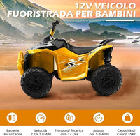 12V Quad Elettrico per Bambini, Macchina Elettrica con Velocità Alta/Bassa, Sedile Comodo Fari Corno e Musica, Auto Elettrica Cavalcabile 2,2/4,3 km/h (Giallo)